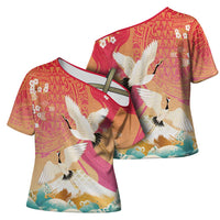 Hawaiian and Japanese Culture Together Cross Shoulder Shirt Kakau Art Tattoo with Cranes and Sakura Spring Vibe - Polynesian Pride