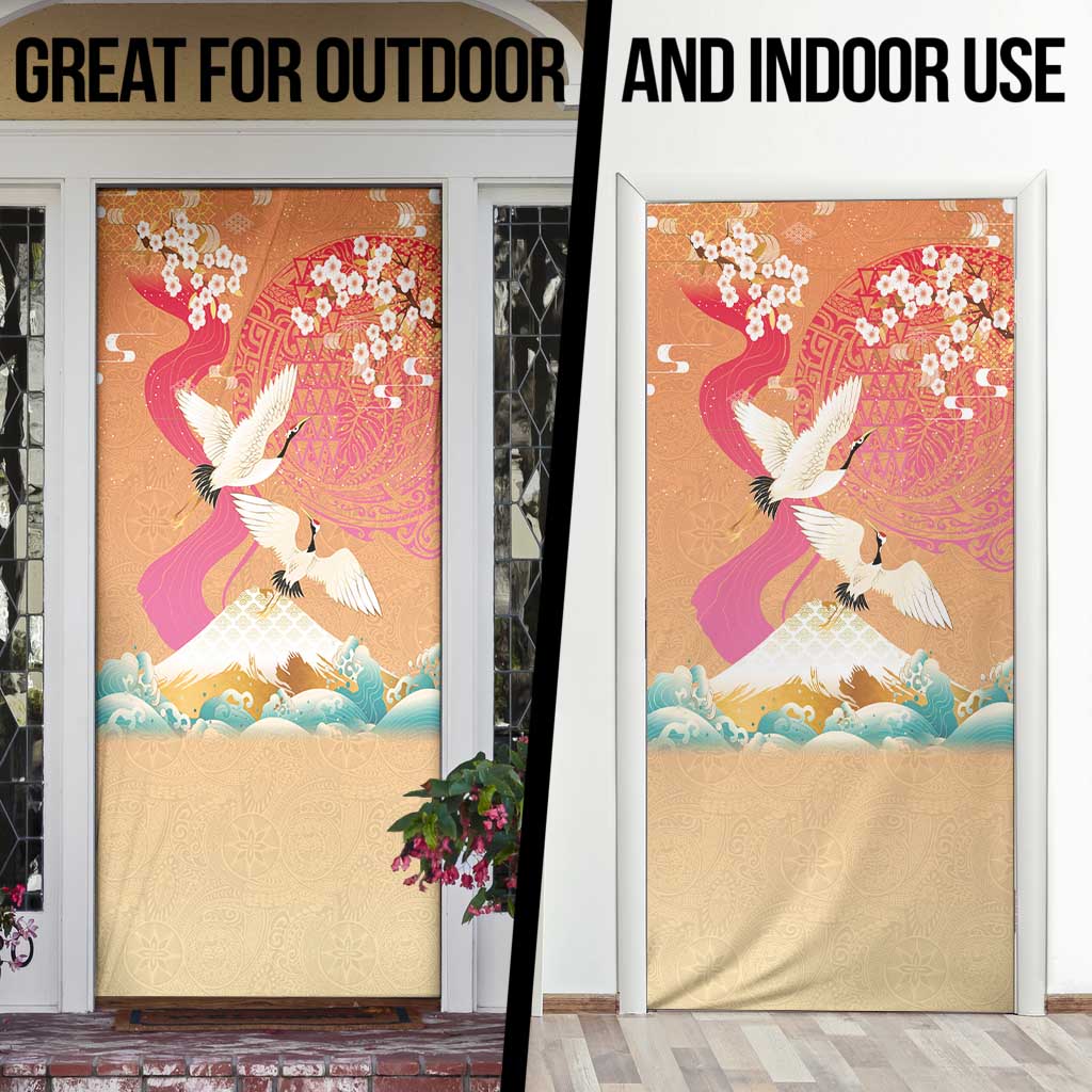 Hawaiian and Japanese Culture Together Door Cover Kakau Art Tattoo with Cranes and Sakura Spring Vibe - Polynesian Pride