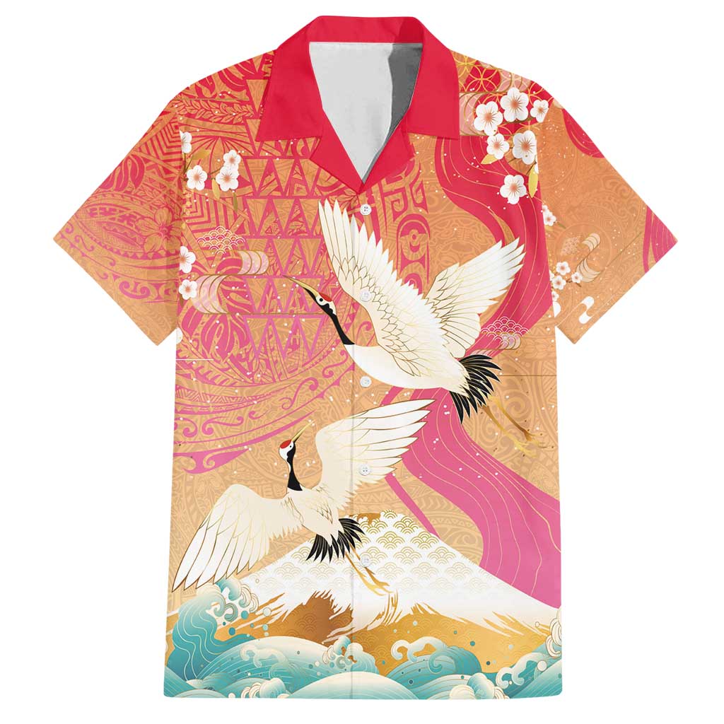 Hawaiian and Japanese Culture Together Family Matching Long Sleeve Bodycon Dress and Hawaiian Shirt Kakau Art Tattoo with Cranes and Sakura Spring Vibe - Polynesian Pride