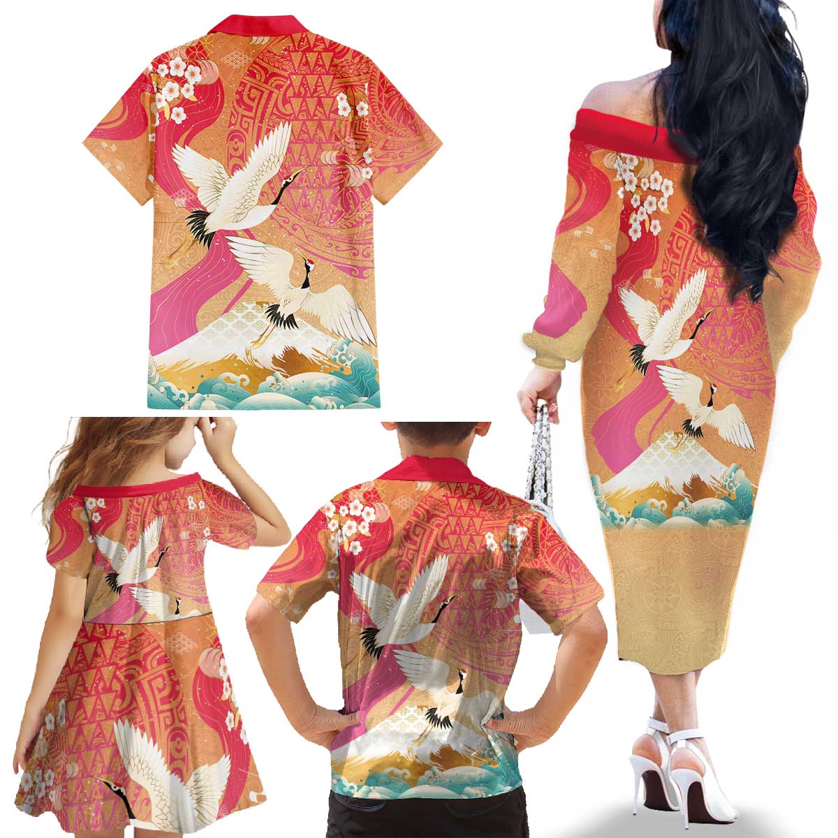 Hawaiian and Japanese Culture Together Family Matching Off The Shoulder Long Sleeve Dress and Hawaiian Shirt Kakau Art Tattoo with Cranes and Sakura Spring Vibe - Polynesian Pride