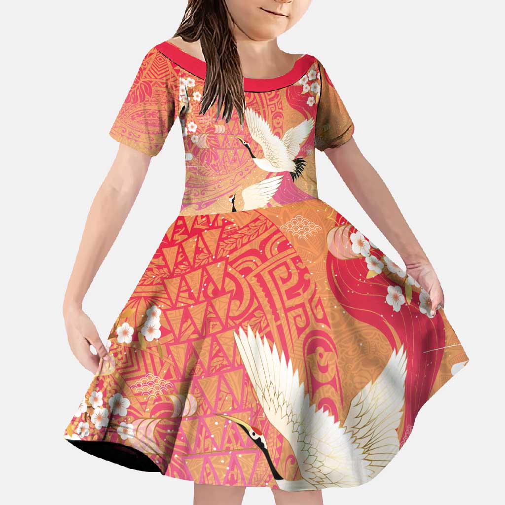 Hawaiian and Japanese Culture Together Family Matching Off Shoulder Maxi Dress and Hawaiian Shirt Kakau Art Tattoo with Cranes and Sakura Spring Vibe - Polynesian Pride