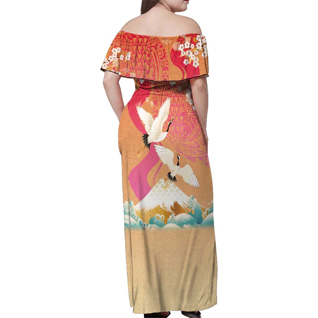 Hawaiian and Japanese Culture Together Family Matching Off Shoulder Maxi Dress and Hawaiian Shirt Kakau Art Tattoo with Cranes and Sakura Spring Vibe - Polynesian Pride