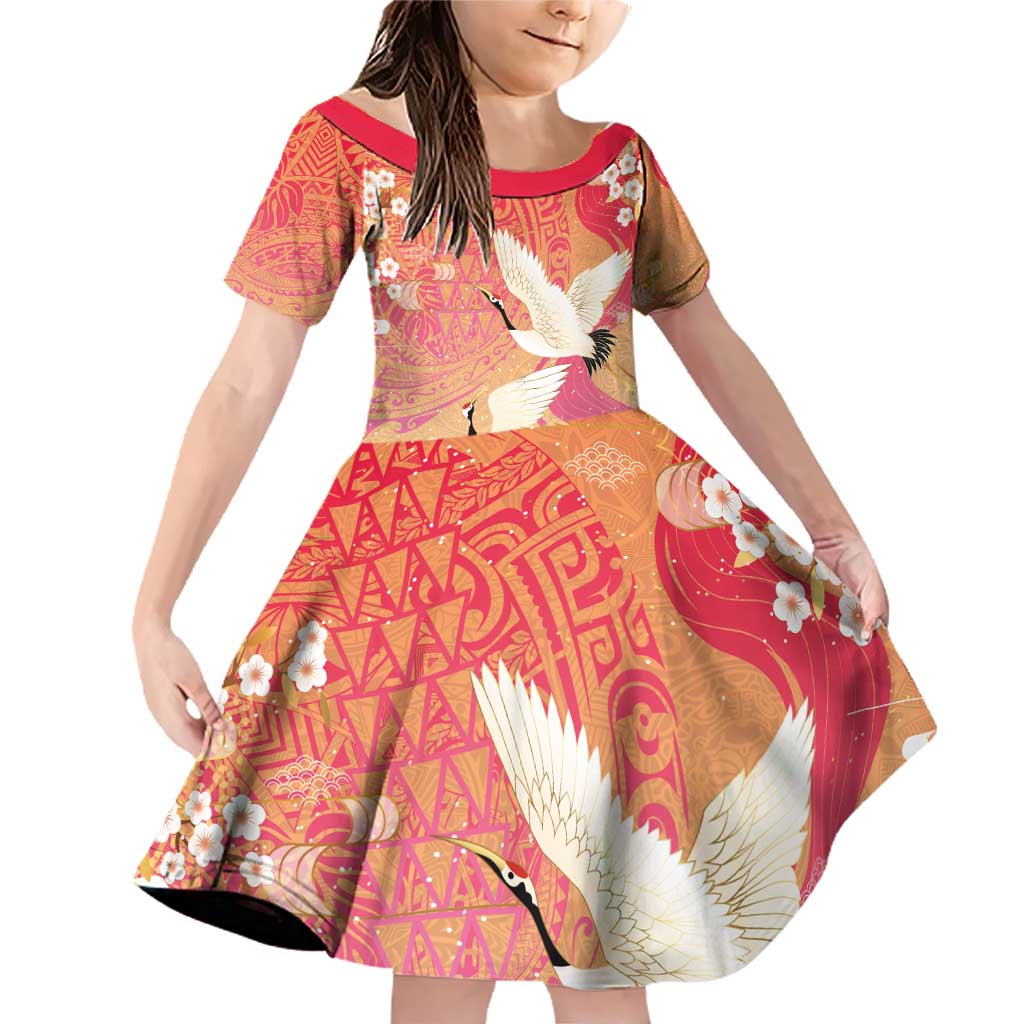 Hawaiian and Japanese Culture Together Family Matching Off Shoulder Short Dress and Hawaiian Shirt Kakau Art Tattoo with Cranes and Sakura Spring Vibe - Polynesian Pride
