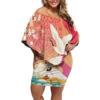 Hawaiian and Japanese Culture Together Family Matching Off Shoulder Short Dress and Hawaiian Shirt Kakau Art Tattoo with Cranes and Sakura Spring Vibe - Polynesian Pride