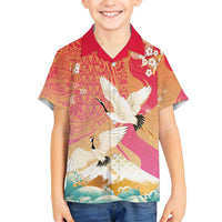 Hawaiian and Japanese Culture Together Family Matching Off Shoulder Short Dress and Hawaiian Shirt Kakau Art Tattoo with Cranes and Sakura Spring Vibe - Polynesian Pride