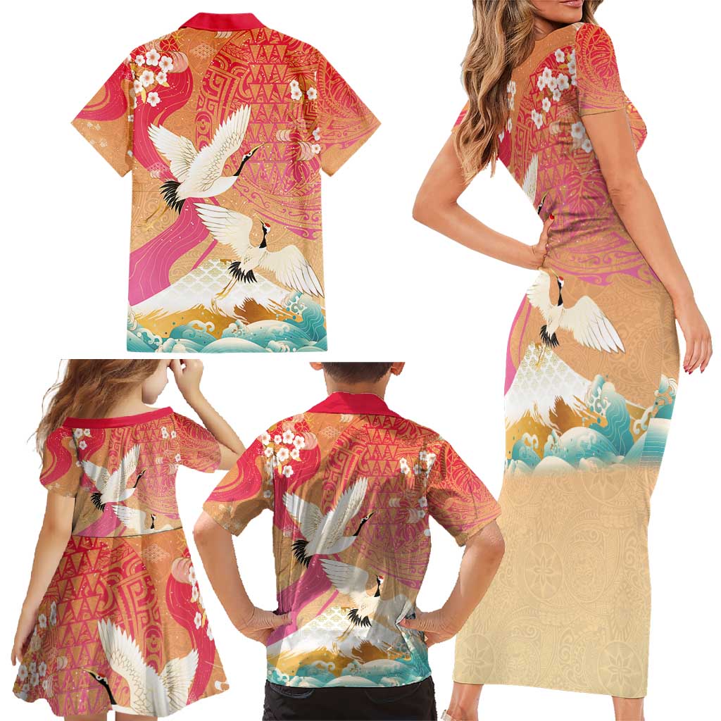 Hawaiian and Japanese Culture Together Family Matching Short Sleeve Bodycon Dress and Hawaiian Shirt Kakau Art Tattoo with Cranes and Sakura Spring Vibe - Polynesian Pride