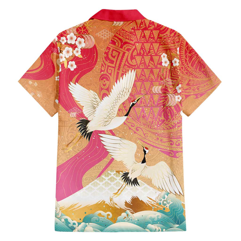 Hawaiian and Japanese Culture Together Family Matching Summer Maxi Dress and Hawaiian Shirt Kakau Art Tattoo with Cranes and Sakura Spring Vibe - Polynesian Pride