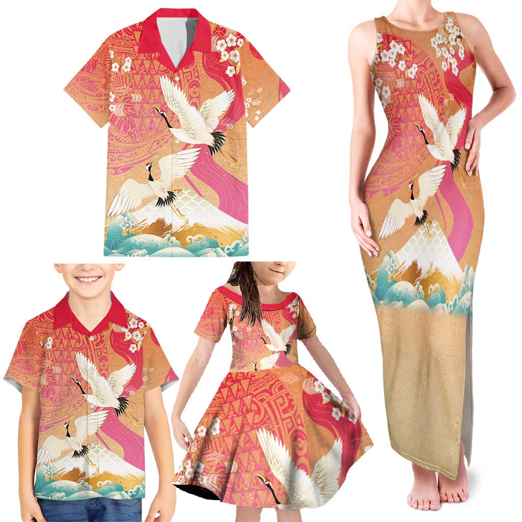 Hawaiian and Japanese Culture Together Family Matching Tank Maxi Dress and Hawaiian Shirt Kakau Art Tattoo with Cranes and Sakura Spring Vibe - Polynesian Pride