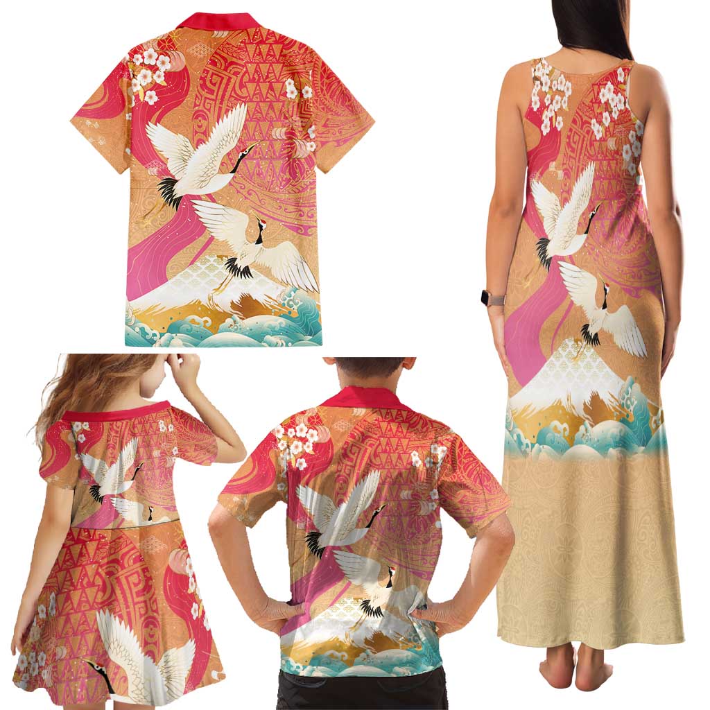 Hawaiian and Japanese Culture Together Family Matching Tank Maxi Dress and Hawaiian Shirt Kakau Art Tattoo with Cranes and Sakura Spring Vibe - Polynesian Pride