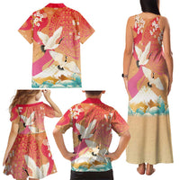 Hawaiian and Japanese Culture Together Family Matching Tank Maxi Dress and Hawaiian Shirt Kakau Art Tattoo with Cranes and Sakura Spring Vibe - Polynesian Pride