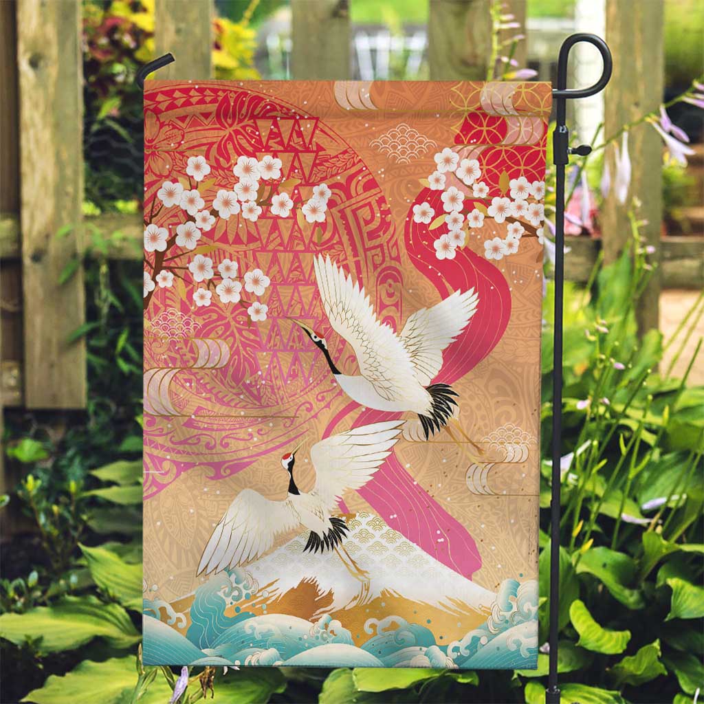 Hawaiian and Japanese Culture Together Garden Flag Kakau Art Tattoo with Cranes and Sakura Spring Vibe - Polynesian Pride