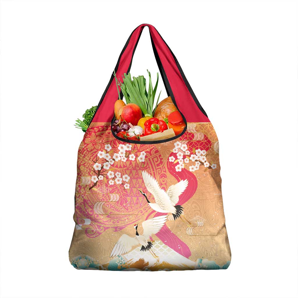 Hawaiian and Japanese Culture Together Grocery Bag Kakau Art Tattoo with Cranes and Sakura Spring Vibe - Polynesian Pride