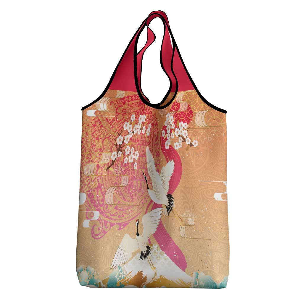 Hawaiian and Japanese Culture Together Grocery Bag Kakau Art Tattoo with Cranes and Sakura Spring Vibe - Polynesian Pride