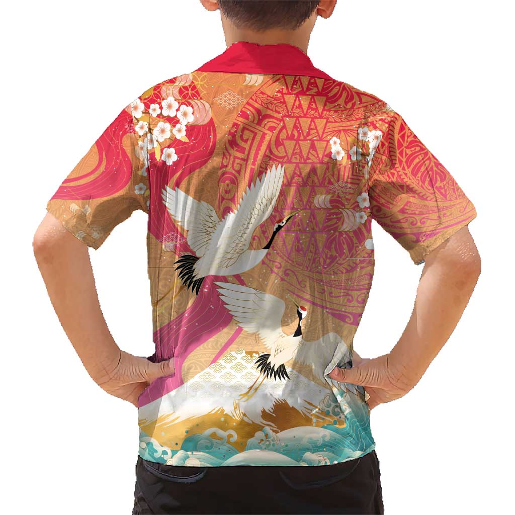Hawaiian and Japanese Culture Together Hawaiian Shirt Kakau Art Tattoo with Cranes and Sakura Spring Vibe - Polynesian Pride