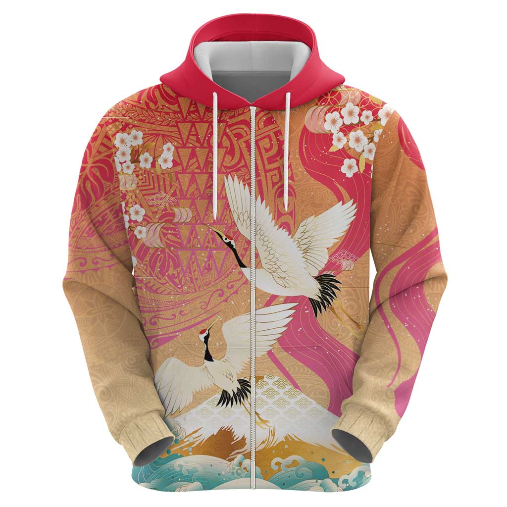 Hawaiian and Japanese Culture Together Hoodie Kakau Art Tattoo with Cranes and Sakura Spring Vibe - Polynesian Pride