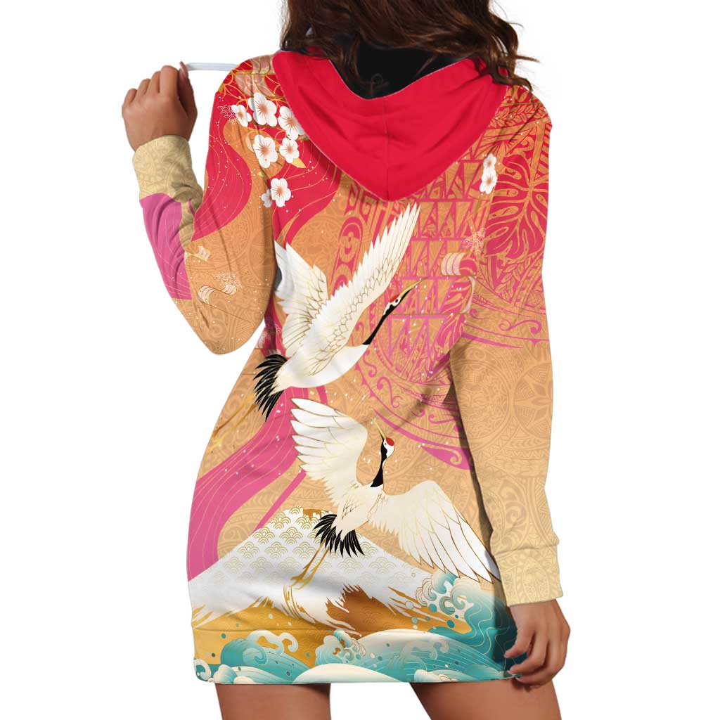 Hawaiian and Japanese Culture Together Hoodie Dress Kakau Art Tattoo with Cranes and Sakura Spring Vibe - Polynesian Pride