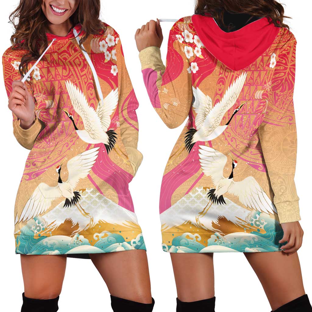 Hawaiian and Japanese Culture Together Hoodie Dress Kakau Art Tattoo with Cranes and Sakura Spring Vibe - Polynesian Pride