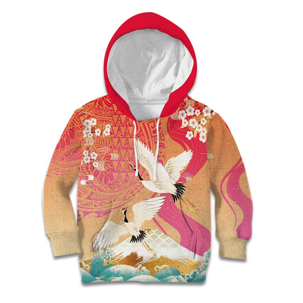 Hawaiian and Japanese Culture Together Kid Hoodie Kakau Art Tattoo with Cranes and Sakura Spring Vibe - Polynesian Pride