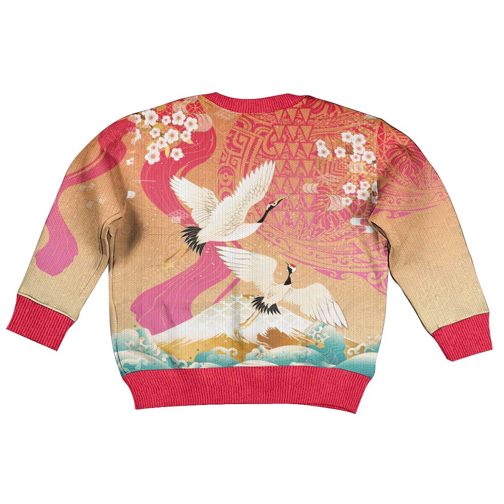 Hawaiian and Japanese Culture Together Kid Ugly Christmas Sweater Kakau Art Tattoo with Cranes and Sakura Spring Vibe - Polynesian Pride