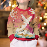 Hawaiian and Japanese Culture Together Kid Ugly Christmas Sweater Kakau Art Tattoo with Cranes and Sakura Spring Vibe - Polynesian Pride