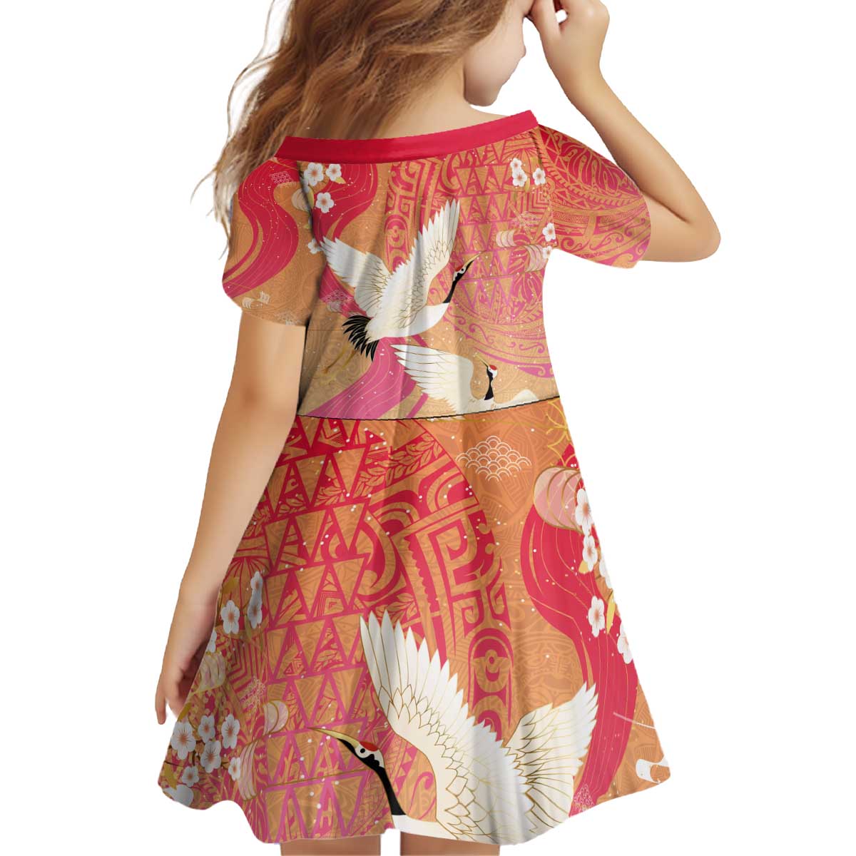 Hawaiian and Japanese Culture Together Kid Short Sleeve Dress Kakau Art Tattoo with Cranes and Sakura Spring Vibe - Polynesian Pride