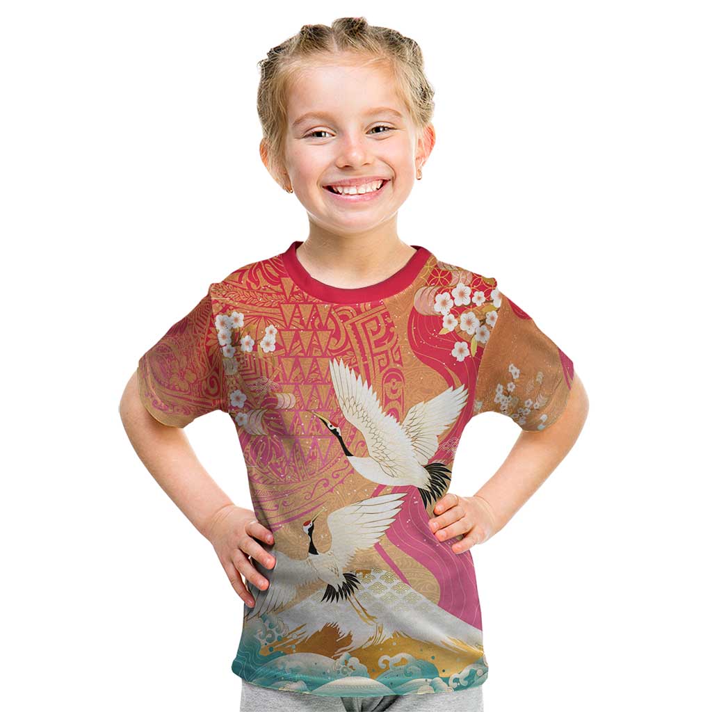 Hawaiian and Japanese Culture Together Kid T Shirt Kakau Art Tattoo with Cranes and Sakura Spring Vibe - Polynesian Pride
