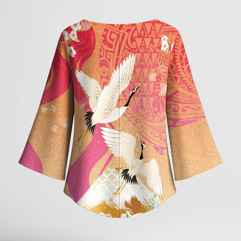 Hawaiian and Japanese Culture Together Kimono Sleeve Blouse Kakau Art Tattoo with Cranes and Sakura Spring Vibe - Polynesian Pride