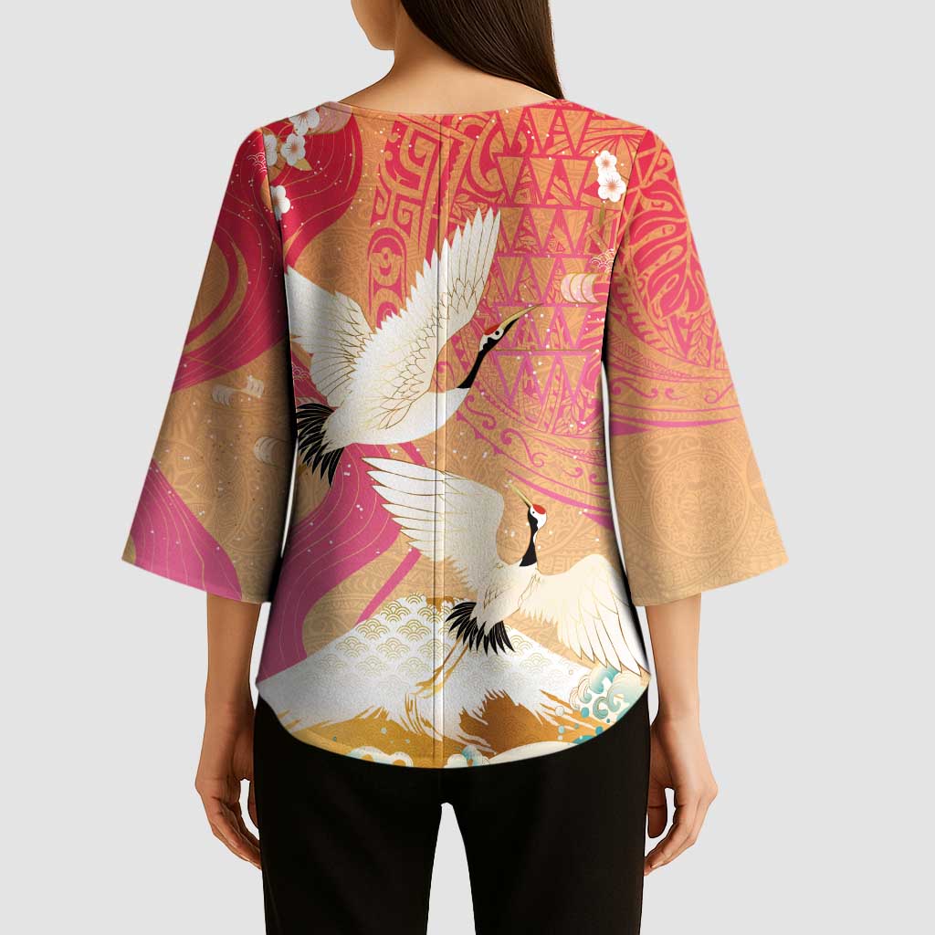 Hawaiian and Japanese Culture Together Kimono Sleeve Blouse Kakau Art Tattoo with Cranes and Sakura Spring Vibe - Polynesian Pride