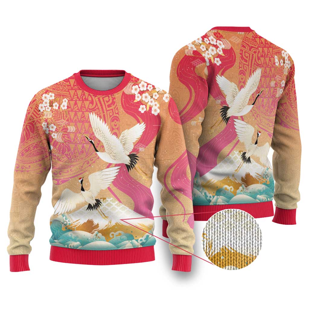 Hawaiian and Japanese Culture Together Ugly Christmas Sweater Kakau Art Tattoo with Cranes and Sakura Spring Vibe - Polynesian Pride
