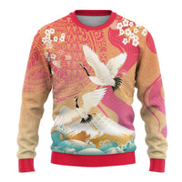 Hawaiian and Japanese Culture Together Ugly Christmas Sweater Kakau Art Tattoo with Cranes and Sakura Spring Vibe - Polynesian Pride