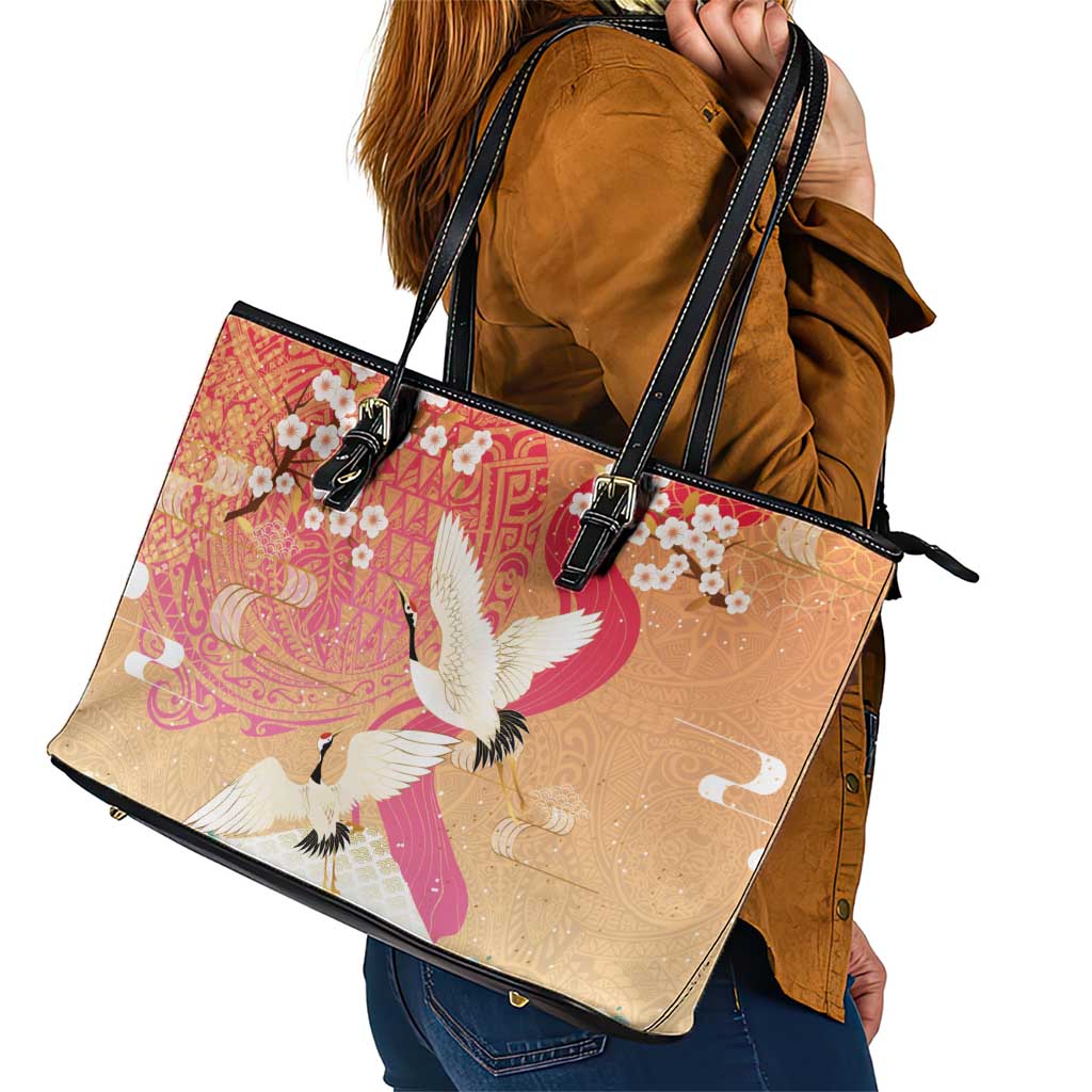 Hawaiian and Japanese Culture Together Leather Tote Bag Kakau Art Tattoo with Cranes and Sakura Spring Vibe - Polynesian Pride