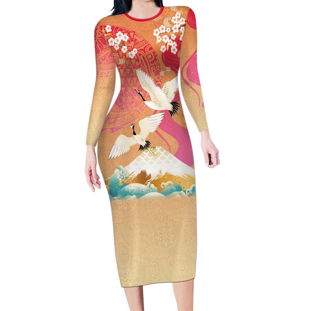 Hawaiian and Japanese Culture Together Long Sleeve Bodycon Dress Kakau Art Tattoo with Cranes and Sakura Spring Vibe - Polynesian Pride