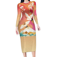Hawaiian and Japanese Culture Together Long Sleeve Bodycon Dress Kakau Art Tattoo with Cranes and Sakura Spring Vibe - Polynesian Pride