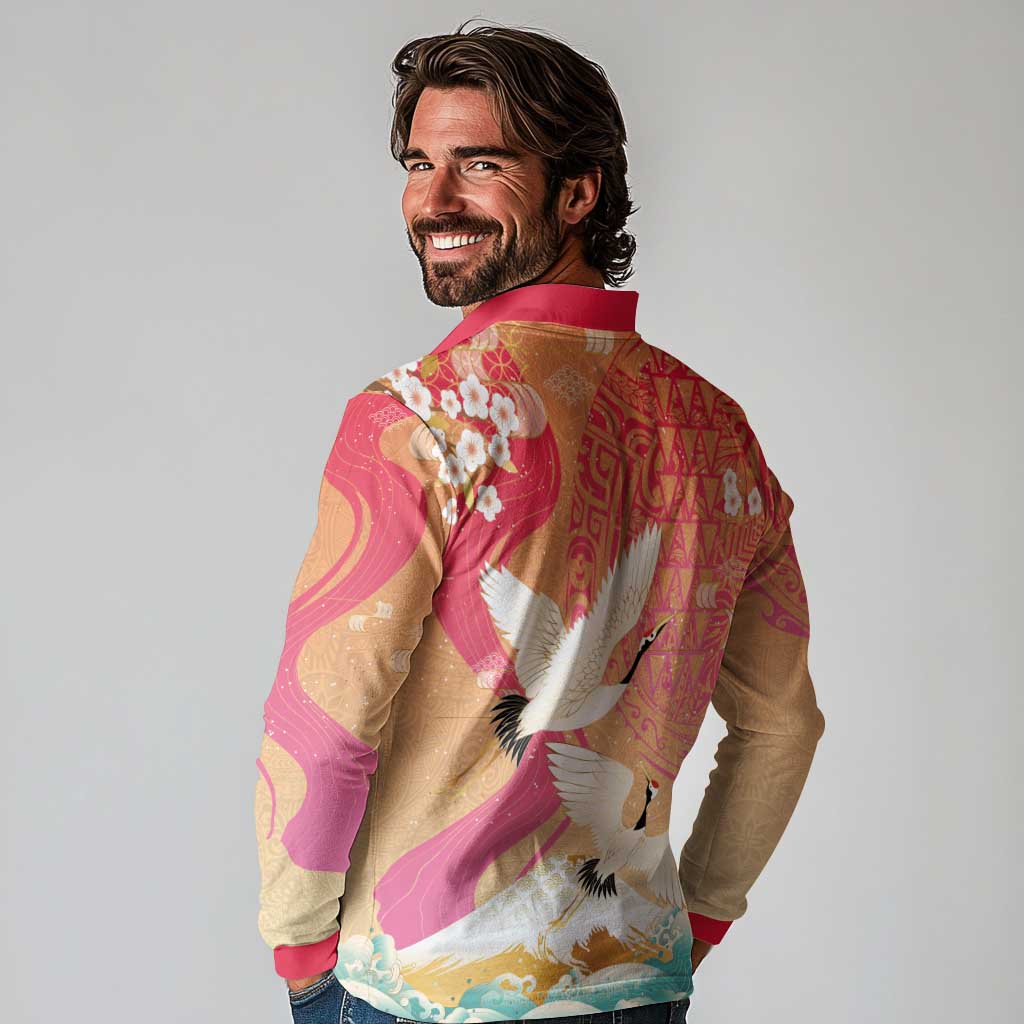 Hawaiian and Japanese Culture Together Long Sleeve Polo Shirt Kakau Art Tattoo with Cranes and Sakura Spring Vibe - Polynesian Pride