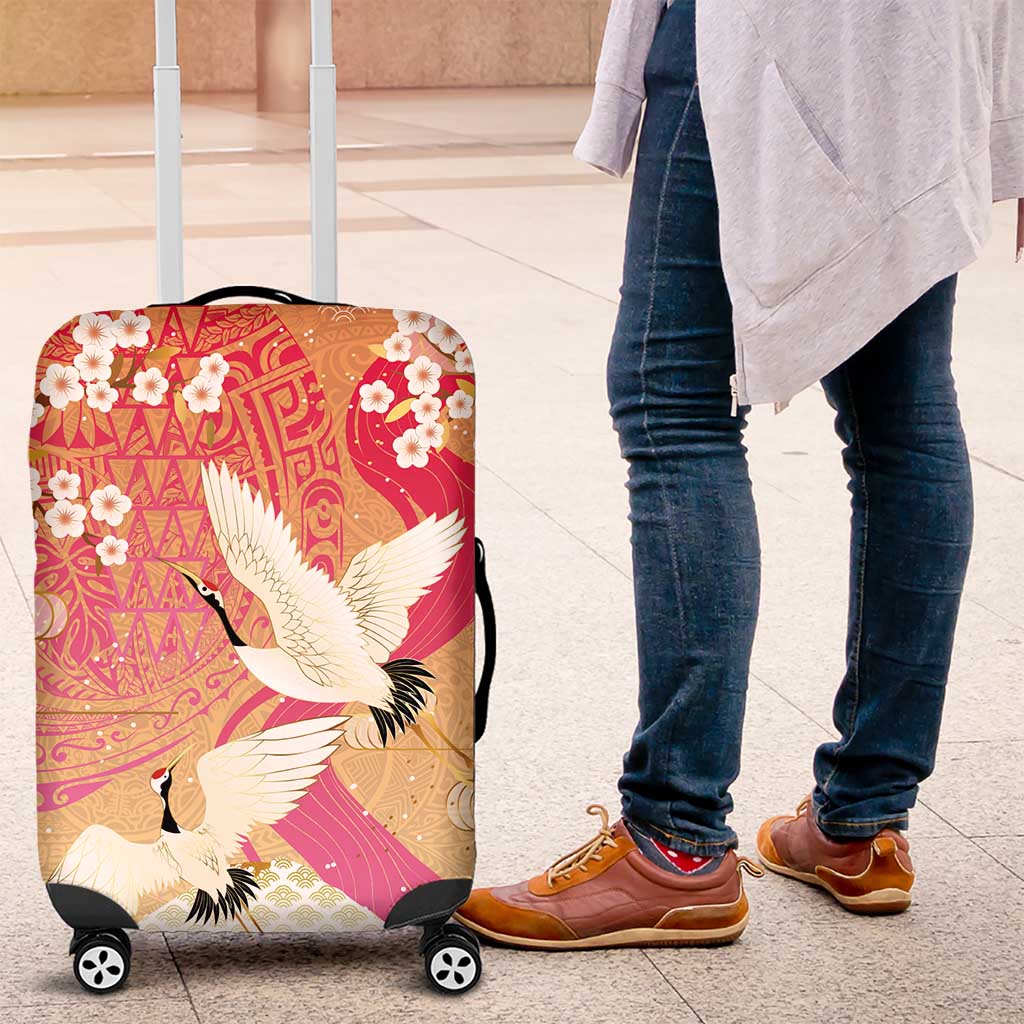 Hawaiian and Japanese Culture Together Luggage Cover Kakau Art Tattoo with Cranes and Sakura Spring Vibe - Polynesian Pride