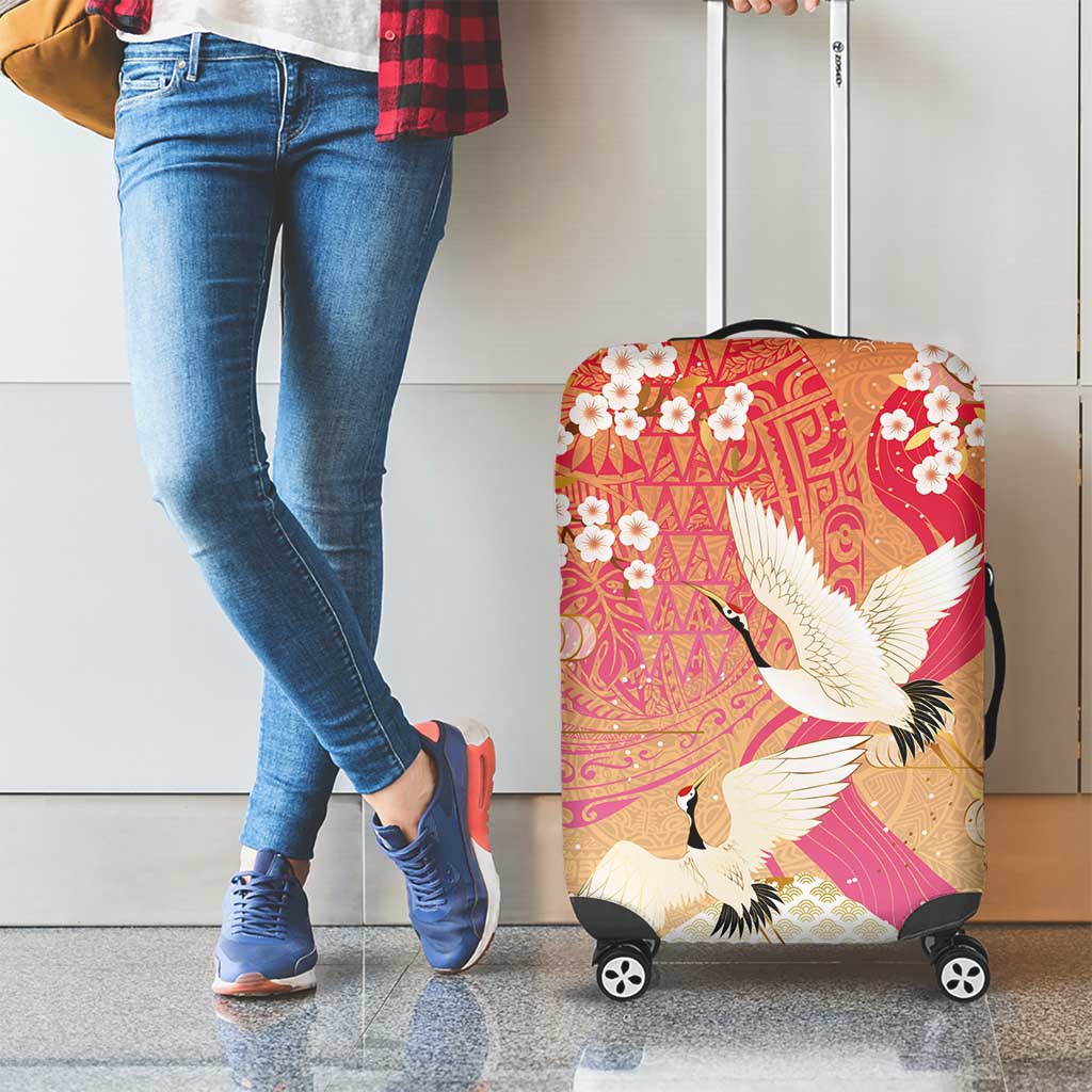 Hawaiian and Japanese Culture Together Luggage Cover Kakau Art Tattoo with Cranes and Sakura Spring Vibe - Polynesian Pride