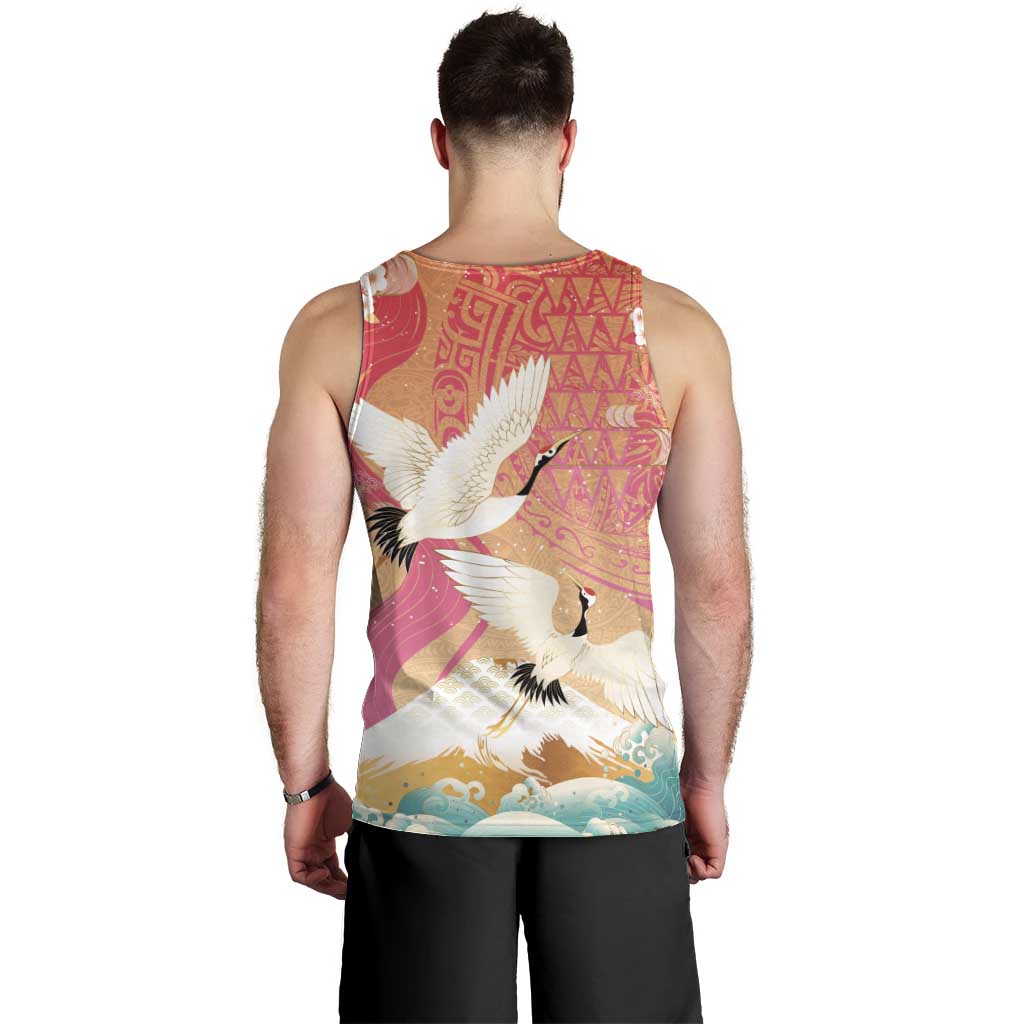 Hawaiian and Japanese Culture Together Men Tank Top Kakau Art Tattoo with Cranes and Sakura Spring Vibe - Polynesian Pride