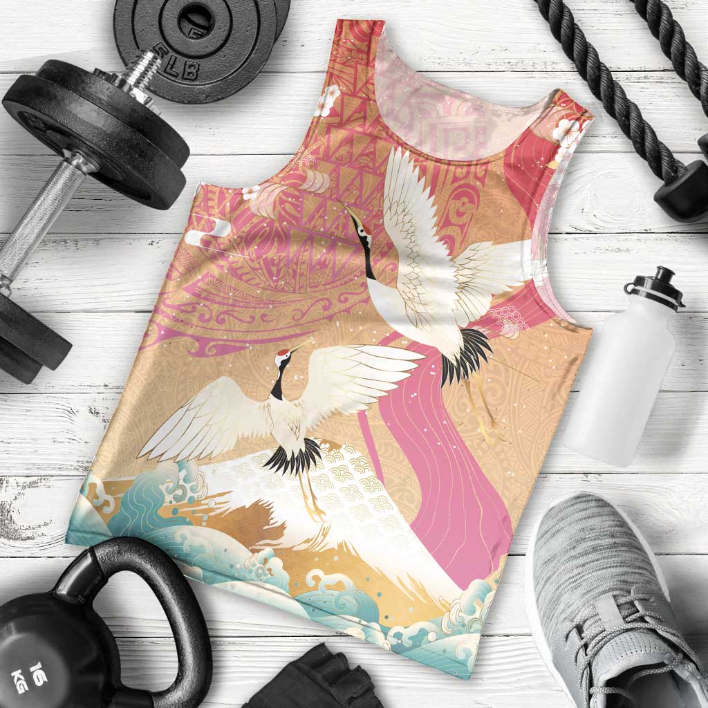 Hawaiian and Japanese Culture Together Men Tank Top Kakau Art Tattoo with Cranes and Sakura Spring Vibe - Polynesian Pride
