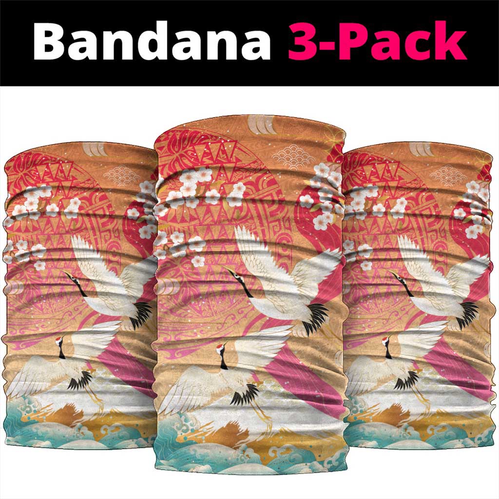 Hawaiian and Japanese Culture Together Neck Gaiter Kakau Art Tattoo with Cranes and Sakura Spring Vibe - Polynesian Pride