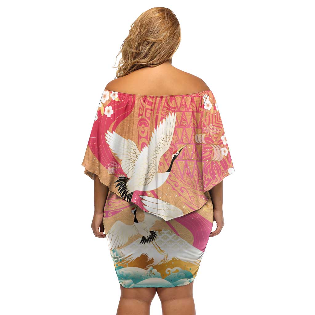 Hawaiian and Japanese Culture Together Off Shoulder Short Dress Kakau Art Tattoo with Cranes and Sakura Spring Vibe - Polynesian Pride