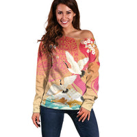 Hawaiian and Japanese Culture Together Off Shoulder Sweater Kakau Art Tattoo with Cranes and Sakura Spring Vibe - Polynesian Pride