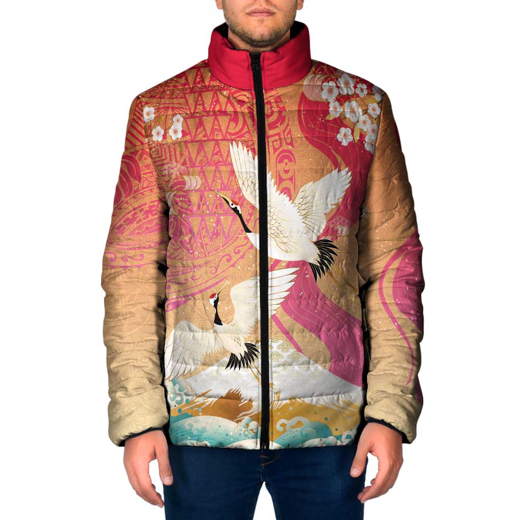 Hawaiian and Japanese Culture Together Padded Jacket Kakau Art Tattoo with Cranes and Sakura Spring Vibe - Polynesian Pride