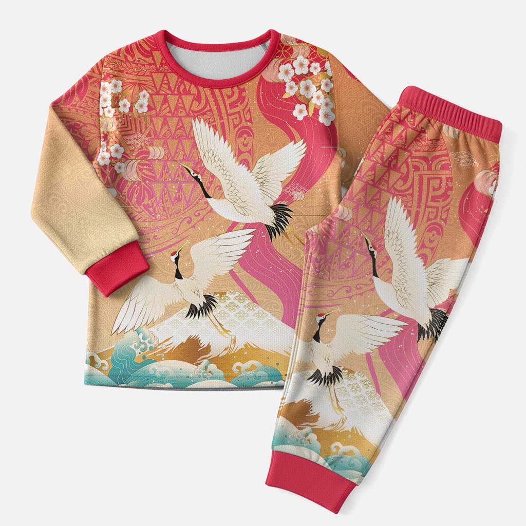 Hawaiian and Japanese Culture Together Christmas Pajama Set Kakau Art Tattoo with Cranes and Sakura Spring Vibe - Polynesian Pride