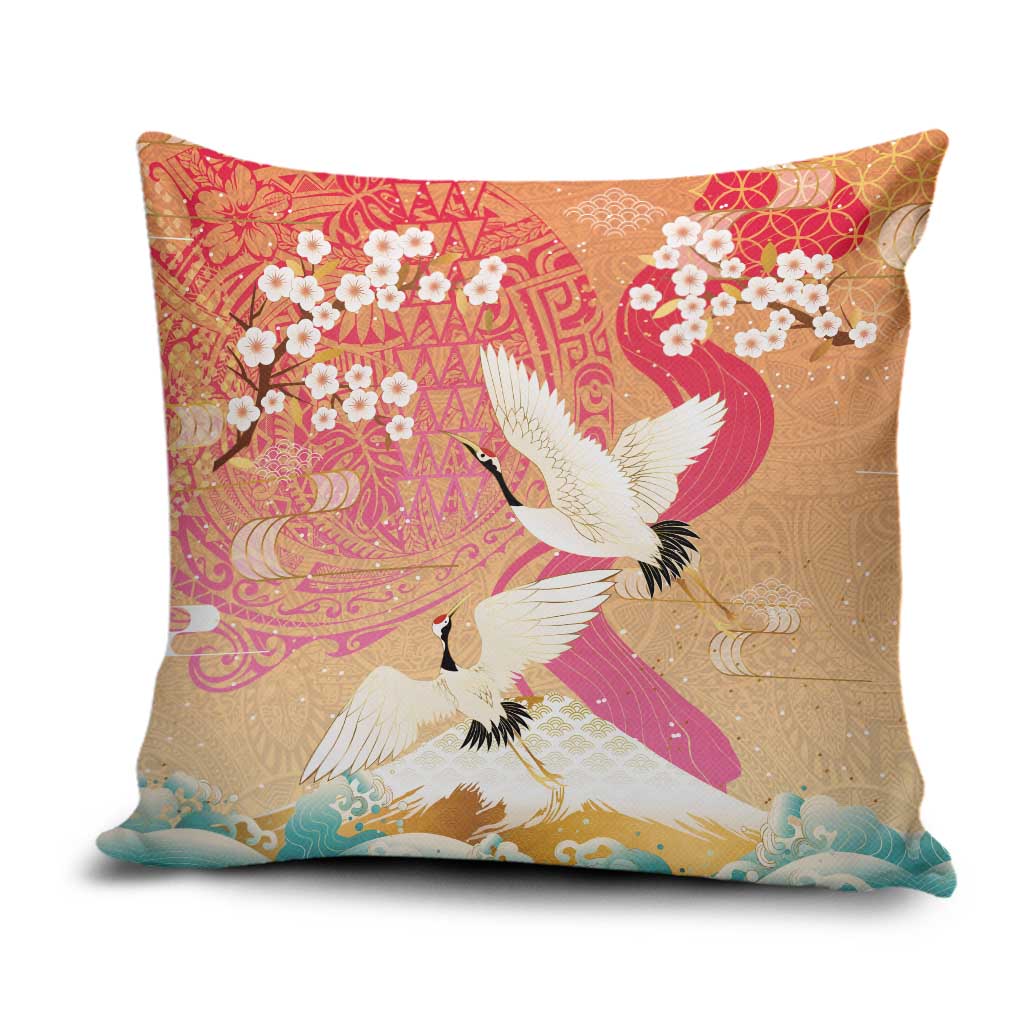 Hawaiian and Japanese Culture Together Pillow Cover Kakau Art Tattoo with Cranes and Sakura Spring Vibe - Polynesian Pride