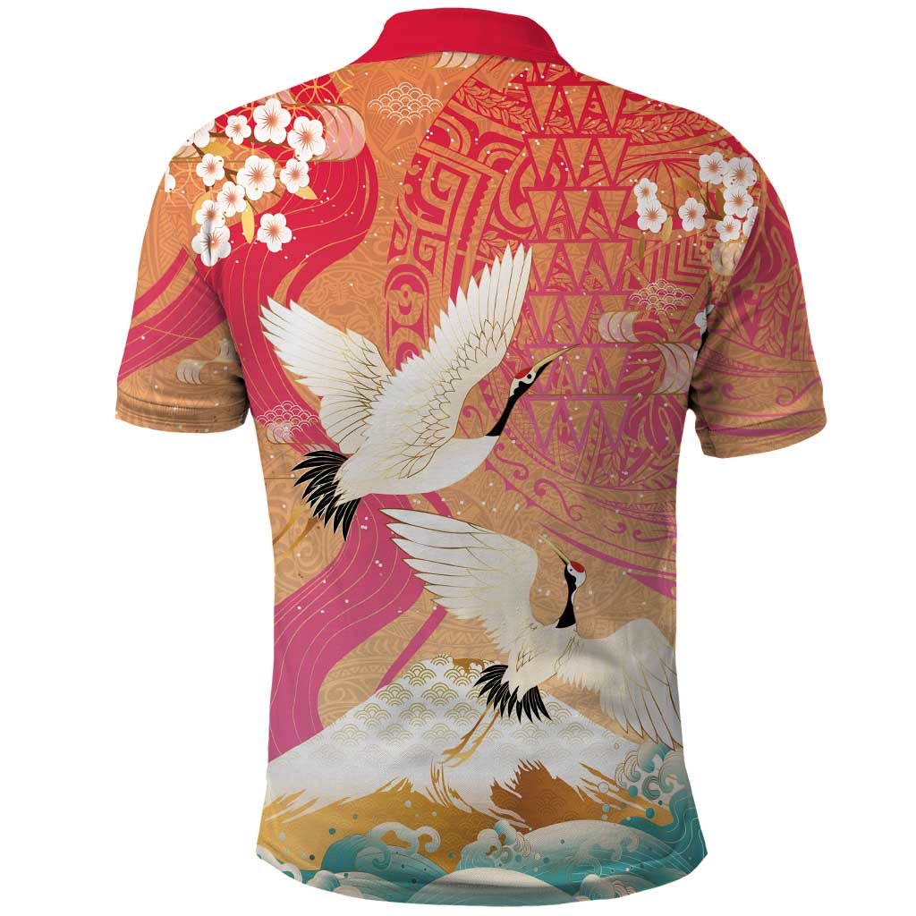 Hawaiian and Japanese Culture Together Polo Shirt Kakau Art Tattoo with Cranes and Sakura Spring Vibe - Polynesian Pride