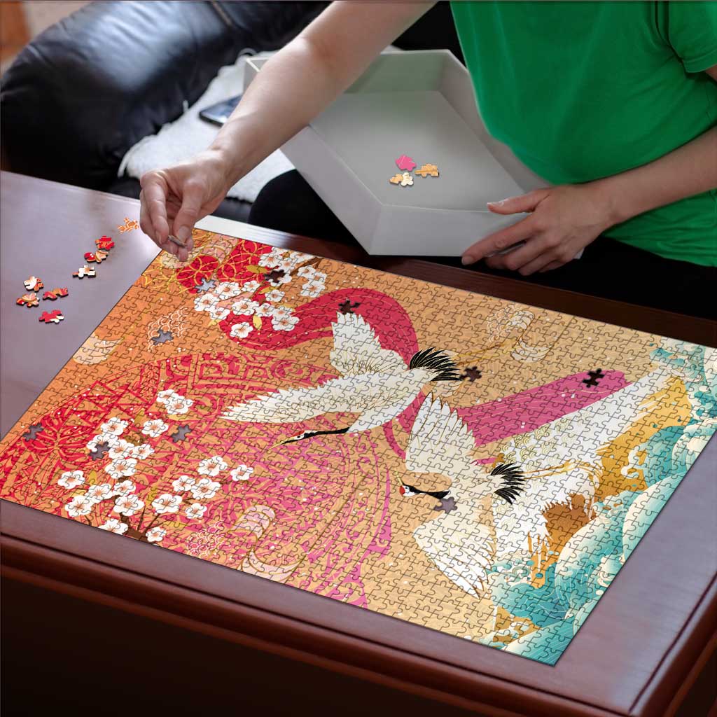 Hawaiian and Japanese Culture Together Puzzle Kakau Art Tattoo with Cranes and Sakura Spring Vibe - Polynesian Pride