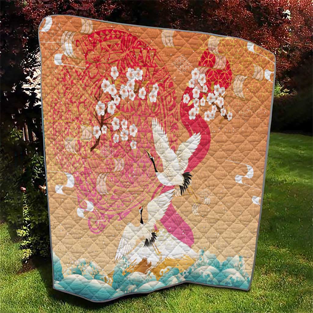 Hawaiian and Japanese Culture Together Quilt Kakau Art Tattoo with Cranes and Sakura Spring Vibe - Polynesian Pride