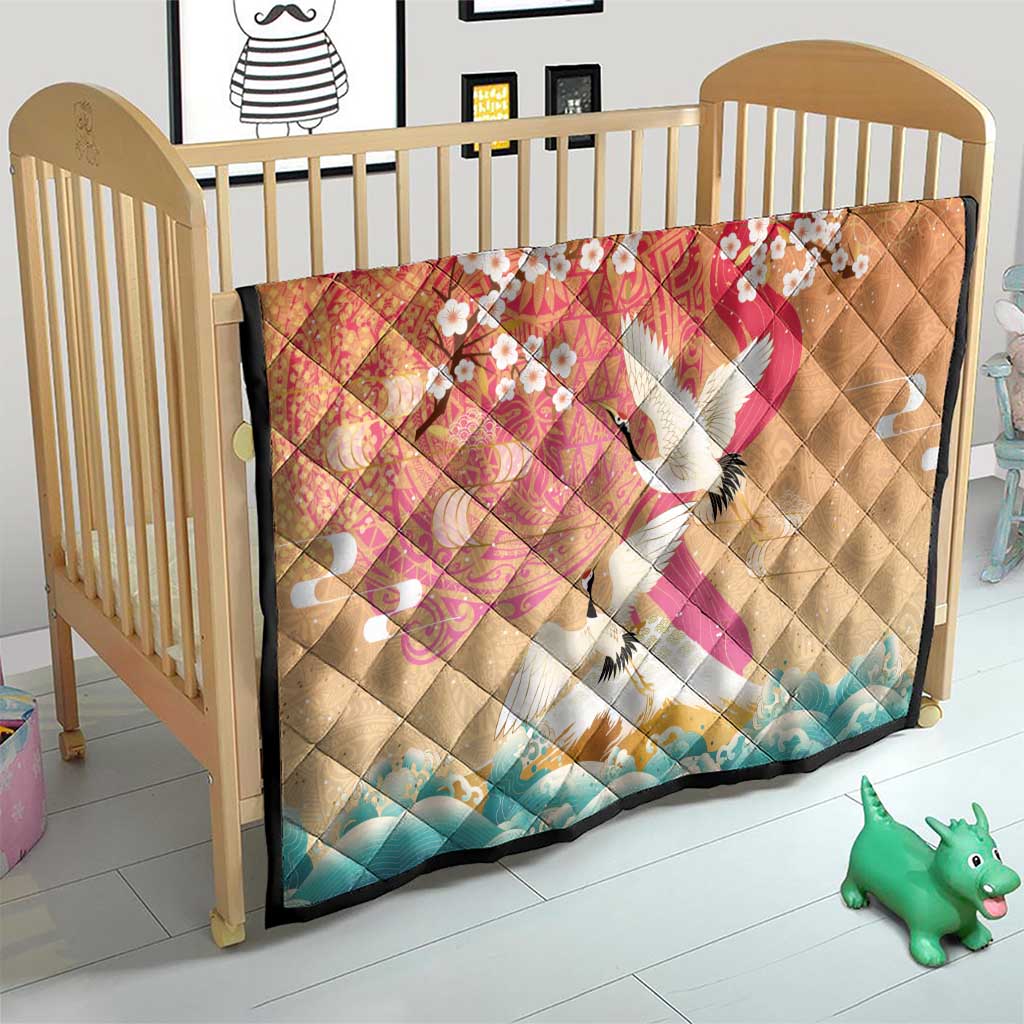 Hawaiian and Japanese Culture Together Quilt Kakau Art Tattoo with Cranes and Sakura Spring Vibe - Polynesian Pride