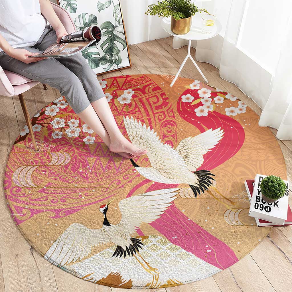 Hawaiian and Japanese Culture Together Round Carpet Kakau Art Tattoo with Cranes and Sakura Spring Vibe - Polynesian Pride