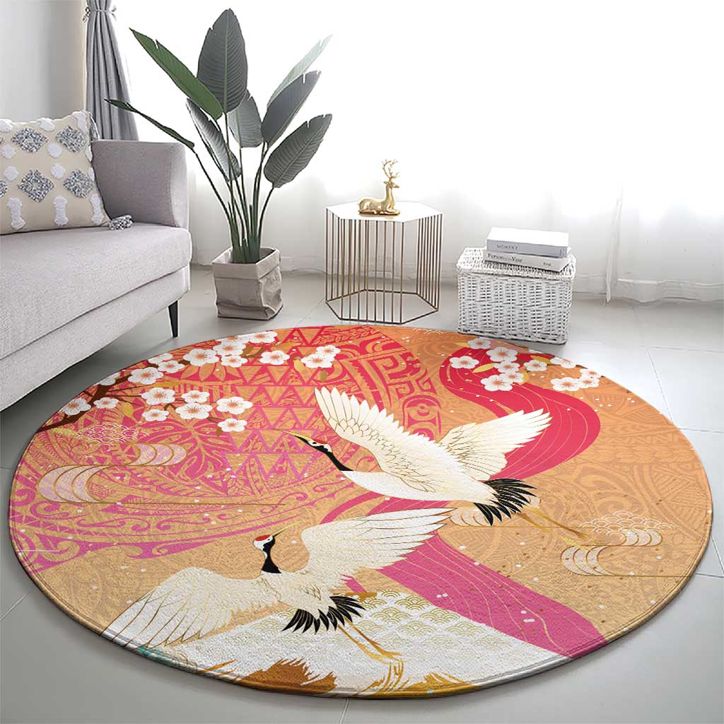 Hawaiian and Japanese Culture Together Round Carpet Kakau Art Tattoo with Cranes and Sakura Spring Vibe - Polynesian Pride